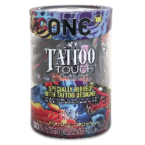 товар - Набір презервативів ONE Tattoo Touch, 100 шт, з рельєфом у вигляді тату, 3 різновиди, паковання-тубус